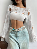 Fongt Spring And Summer New Tuk Hollow Hole Design Knitted Shirt Short Sweater