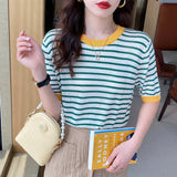 Silk Short-Sleeved Sweater Women's Thin Striped T-Shirt Large Size Korean Version Bottom Summer Half-Sleeved Chic Blouse-Outfit
