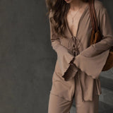 Fongt Casual Light And Thin Tight With Horn Sleeves Loose Waist Straight Trousers Knitting Set Spring And Autumn