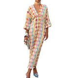 Fongt Women's Temperament Elegant Print Elegant V Collar Lantern Half-Sleeved A-Shaped Dress Woman