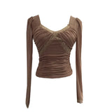 Fongt Wind Belt Chest Mat Lace Splicing Mesh Yarn Long-Sleeved T-Shirt Short Slim Top 2673