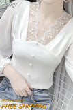 Fashion Lace V-neck Hollow Out Patchwork Button Shirt New Summer Autumn 2023 Long Sleeve Pullovers Women's Clothing