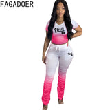 Fashion Gradient Plus Size Two Piece Sets 3XL 4XL Women PINK Letter Print Short Sleeve Tshirt + Stacked Pants