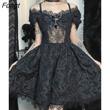 Gothic Black Sexy Corset Summer Dress Women Streetwear Spider Web Lace Patchwork Dress Lolita Elegant Party Club