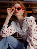 Style Spring Summer Floral Top Loose V-neck Casual Long Sleeve Women White Shirts Elegant Blouses