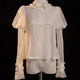 Victorian Retro Lolita Blouses Women Sweet Bow Roffles Lace Mesh Long Sleeved Shirts Girls Kawaii Loose Jsk Inside Tops-Outfit