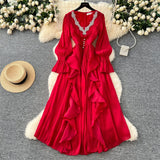 Fongt High-End Elegant Dress Women Fashion Heavy Industry Embroidery Stender V Collar Waist Temperament Court Style Long Dress