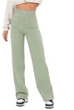 Fongt Fashion New Women's Casual Straight Pants High Waist Button Elastic Belt With Multiple