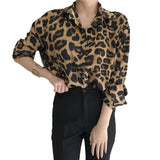 Fongt Chic Autumn Vintage Leopard Print Collar Single Buckle Loose Leisure Long-Sleeved Shirt Topess