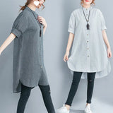 Fongt Summer New Cotton Lint Style Loose Large-Size Striped Shirt Women Long-Term Collar