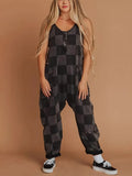 Fongt Women's Check-Print Leisure Large Pocket Jumpsuit Wish Loose Back