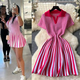 Fongt Retro-Necked Short-Sleeved Striped Knitted Dress Female Waist Temperament Thin A-Word Dress