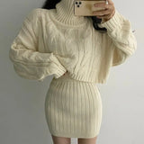 Fongt Autumn And Winter French Gentle Hemp High-Necked Short Sweater + Knitted Skirt Woman