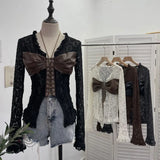 Fongt Shooting V Tie With Retro 2025 New Hottie Sexy Lace Splicing Pu Leather Hollow Shirt Top 6108