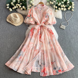 Fongt Retro-Print Collar Bubble-Sleeved Dress Women's Summer Straps To The Waists To Show A Thin Swollen Dress
