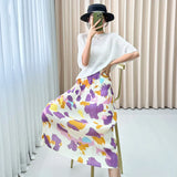 Fongt Folded Purple Snowflake Print Skirt Gentle Cream Purple Bump Color Daily Slim High Waist Open Straight Skirt