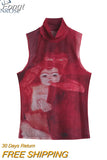 Dye Mesh High Neck Hand Painted Printed Women Top 2023 Summer Fashion Sleeveless Slim T Shirt Lady Holiday Beach Style