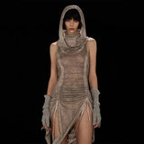Fongt Summer New Women's Turtleneck Hood Fold Pull Rope Closed Waist Sexy Hollow Out Slit