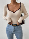 Fongt Women's Fashion Temperament V-Neck Knitting Bottom Slim Slim Solid Color Bhair Top