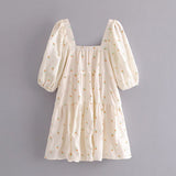 Fongt Women's New Square Collar Flower Print Short Sleeve Long Dress 9848