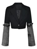 2024 Autumn New Fashion Women's Denim Patchwork Blazer Notched Collar Single Button Long Sleeve Short Suit Jackets TH5165-Outfit