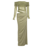 Fongt 2025 New Women's Temperament Sexy Shoulder Mesh Perspective Long Dress Dress Woman