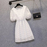 Women Summer Midi Dresses 2022 White Mesh Short Sleeve Dresses And Print Bow Straps Vest Dress Suits Sweet Korean