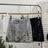 Real Shooting Heavy Industry Flash Shiny Piece High Waist Thin A Short Skirt Picts Anti-Walking Bag Hip Step Skirt