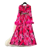 Fongt Elegant Dress Women 2025 New Light Style Waist Hair Sleeve Splicing Print 100-Folded Long Dress