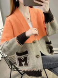 Splices Sweater Cardigan Jackets Women Letter Print Slim Knit Coat Casual Soft Knitwear Gilet V-neck Malhas Abrigos
