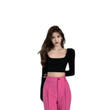 Fongt Girl Square Collar Long-Sleeved T-Shirt Female Autumn 2023 New White Strap Short Back Slim Bottom