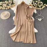 Fongt Temperament Long Knitted Shawl Coat + Light Luxury Metal Buckle Vest Dress Set