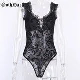 Dark Sexy Vintage Gothic Bodysuits Patchwork Transparent Grunge Punk Lace Bandage Female Bodysuit Autumn 2021 Slim