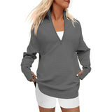 Fongt Hot Style Women's Long Sleeve Half Zipper V-Neck Casual Rib Knit Sweater Women's