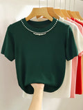 Knitted T-shirt Women Top Solid Tank Y2K Summer New Fashion Female Sleeveless Beading Casual Thin Tops 2024-Outfit