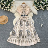 Fongt Belt Dress 2025 Summer To Collect Thin Temperament French Retro Short-Sleeved Print Dress
