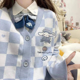 Oversized Kawaii Cartoon Embroidery Cardigan Women Jk Uniform Checkerboard Sweater Coat Autumn Loose Y2k Knitted