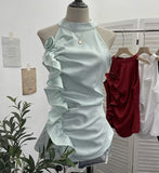 Fongt Design Sleeveless Leaves Three-Dimensional Flower Blouse Atmosphere Slimming Waist 1166