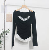 Fongt Autumn Fake Two Lace Lace Collar Folding Long Sleeves Slimming Bottom T-Shirt Top Woman 2532