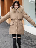 Hooded Jacket Woman Warm Fur Lining Cotton Padded Parka Female Drawstring Basic Coat Windproof Women Jacket