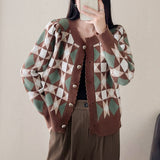 Impact Color Diamond Plaid Knitted Cardigan Women's Fashionable Sweater Round Collar Autumn And Winter Style Coat Bubble Long-Sleeved Blouse-Outfit
