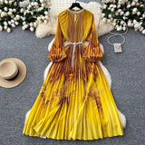 Fongt Elegant Dress Women Fashion Nail Ball Collar Hollow Pressure Folding Lantern Sleeves To Print Long Skirt