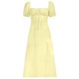 Drawstring Solid Summer Dress Beach Style Vintage Square Collar Puff Sleeve Long Dressees For Women 2021 Prairie