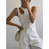 TWOTWINSTYLE Cut Out Skinny T Shirt For Women Round Neck Sleeveless Solid Slim Minimalist T Shirts Female Clothes Style New