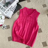 Fongt Chic Summer French Niche Polo Collar Sleeveless Knitted Top Girl Slime With Solid Color Vest