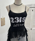 Fongt Shooting Lace Sling Vest Irregular Ribbon Hot Wear Print Short-Sleeved Top 1193