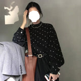 Fongt Chic French Retro Black And White Wave Half High Collar Loose Bubble Sleeve Bottom Shirt Topess