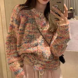 Fongt Rainbow Sweater Cardigan Coat Female 2024 Autumn / Winter New Korean Retro Lazy Ins Small Incense Sweater-Outfit