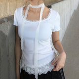 Fongt Hottie Style Solid Color Lace Splicing Short Sleeves Around The Neck Coat Folded Waist Collar Casual T-Shirt Short