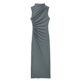 New Pleated Trim Sleeveless Flute Dress 3152200-Outfit